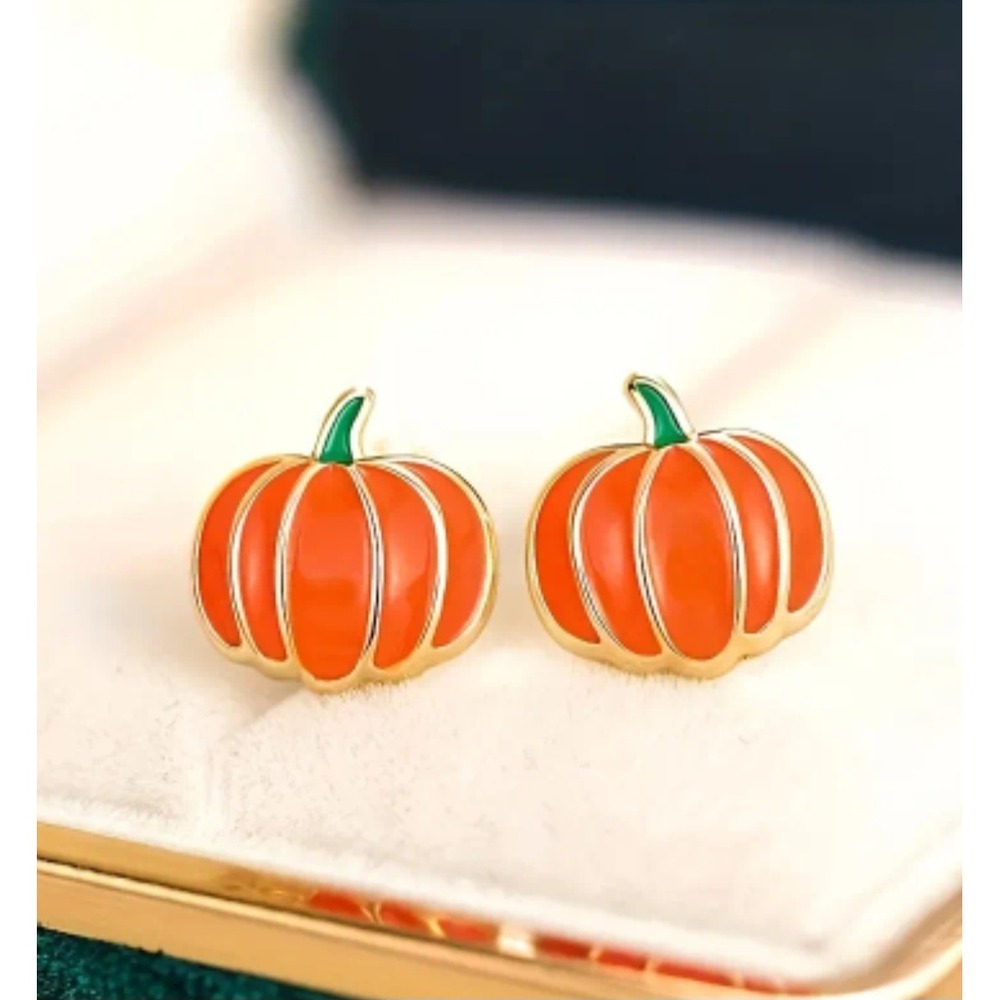 Orange Enamel Pumpkin Stud Earrings Gold Tone Fall Halloween Jewelry